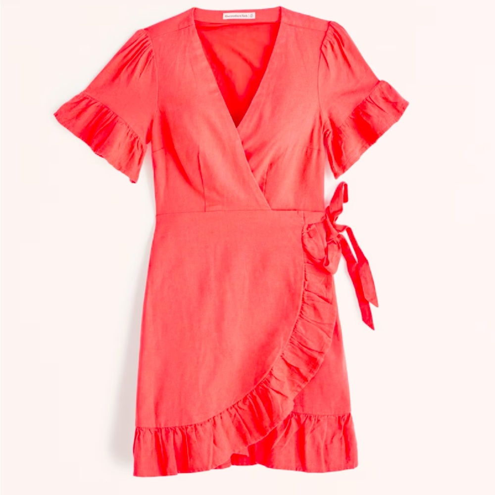Abercrombie & Fitch - Linen angel sleeve wrap mini dress in coral